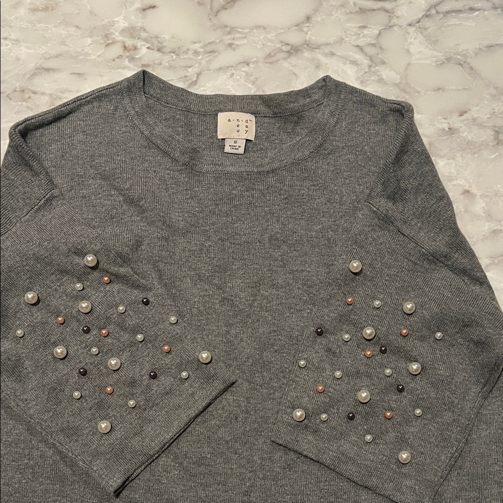 Gray Sweater with Pearl Embellishments